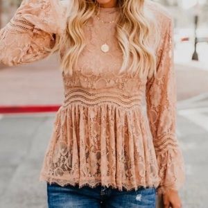 Vici lace peplum blouse with bell sleeves